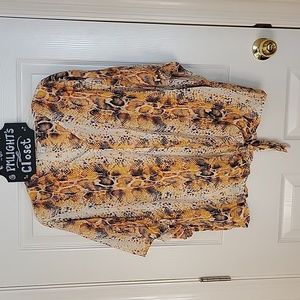 Cato Blouse XL Animal Print V-Neck Tie at Bottom Batwing Orange Brown Black